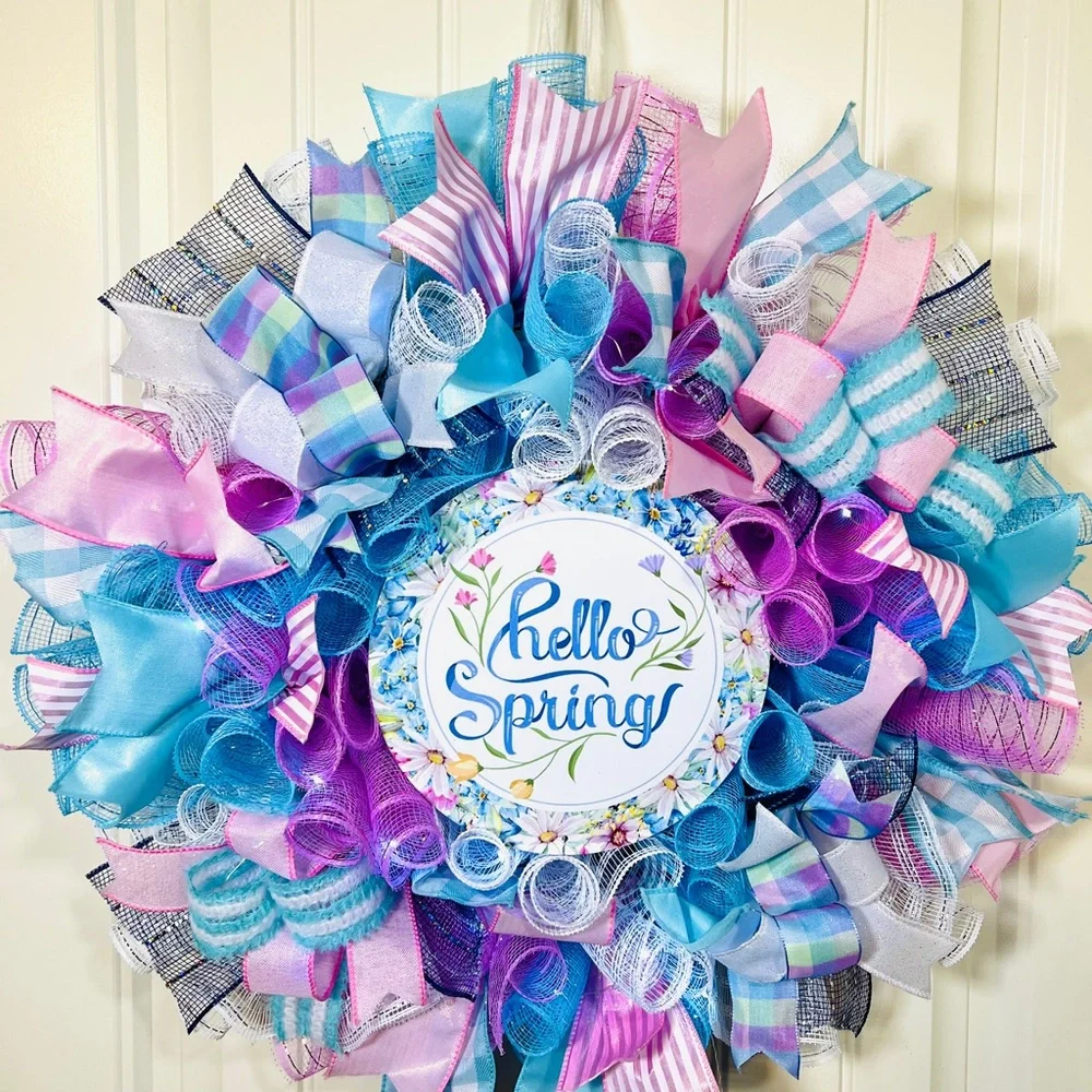 Handmade Hello Spring Prelit Ribbon Wreath 22 in LED W3